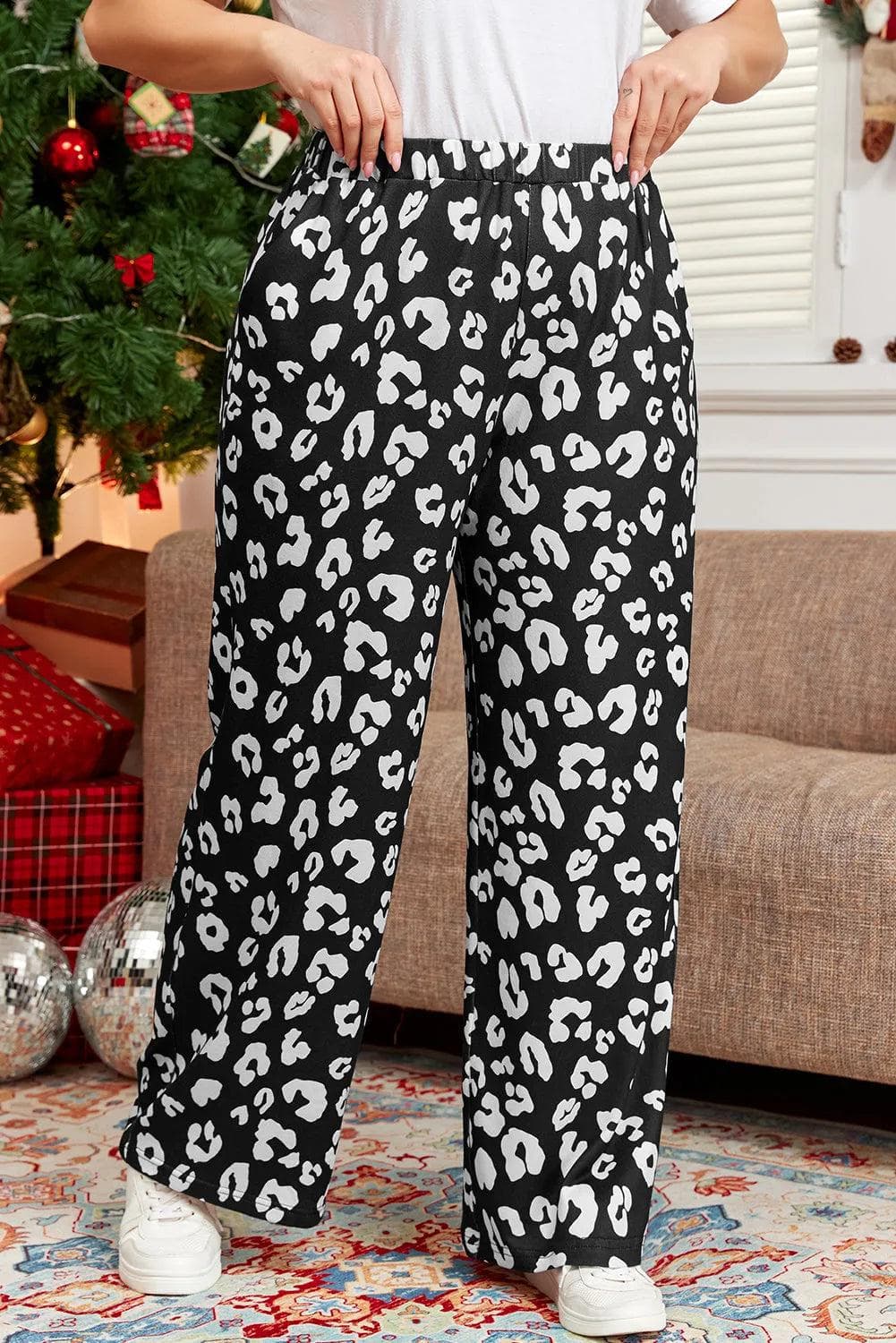 Plus Size/Plus Size Bottoms Leopard / 1X / 95%Polyester+5%Elastane Leopard Leopard Print Wide Leg Pockets Plus Size Pants