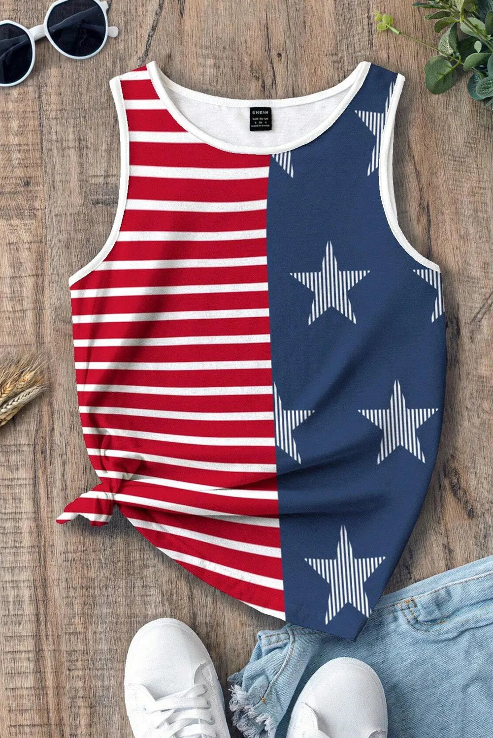 Red USA Flag Printed Round Neck Tank Top - Chic Meadow Boutique 