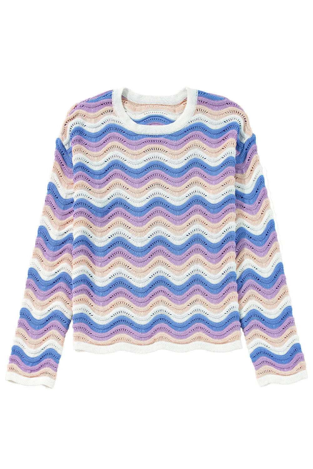 Purple Stripe Wavy Pointelle Knit Drop Shoulder Sweater - Chic Meadow Boutique 