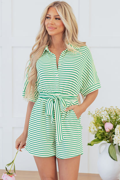 Green Stripe Textured Short Sleeve Collared Buttoned Waist Tie Romper