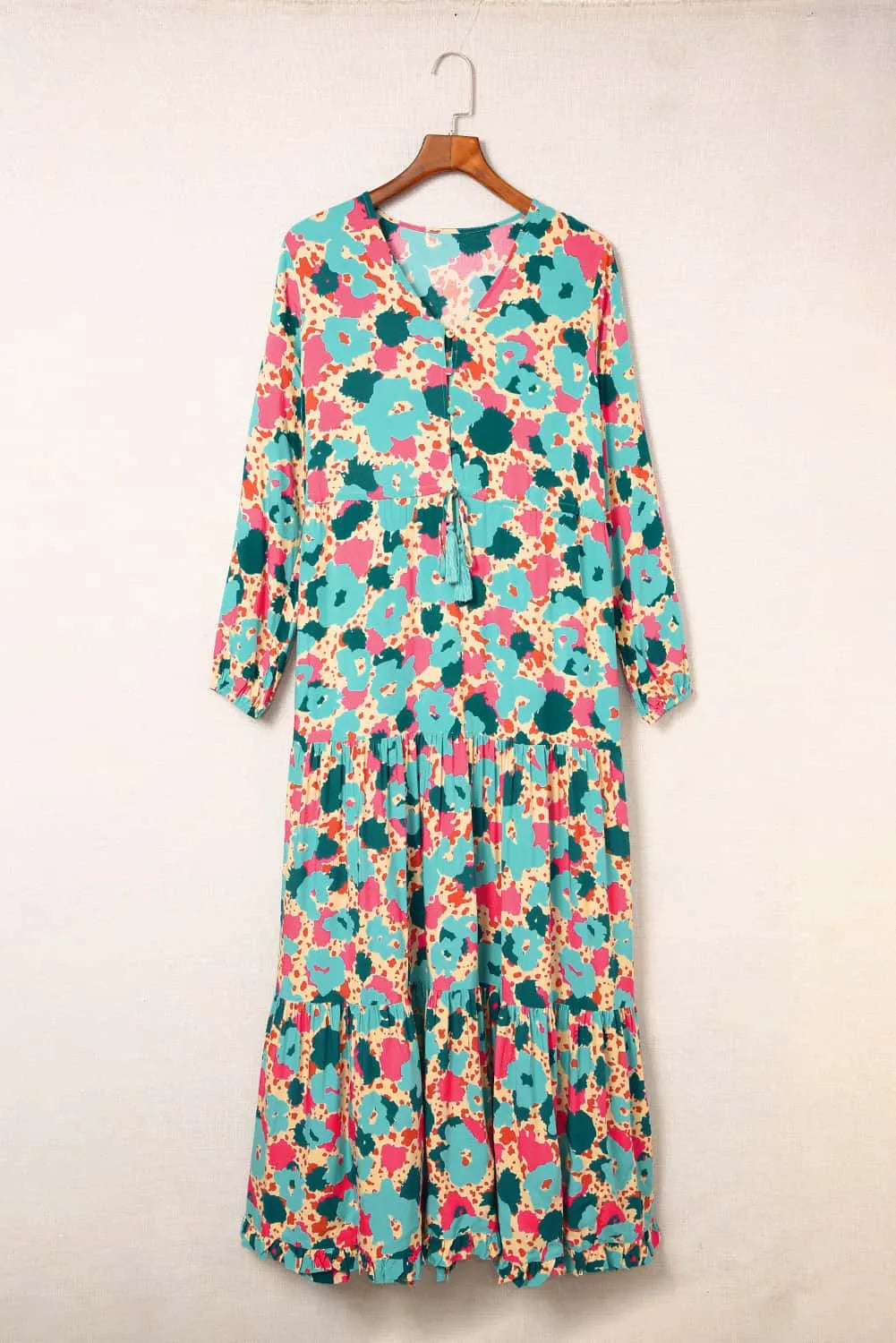 Multicolor Bohemia Print V Neck Ruffle Long Sleeve Maxi Dress - Chic Meadow Boutique 