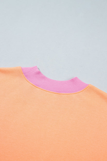 Grapefruit Orange Colorblock Trim Crewneck Long Sleeve Pullover Sweatshirt