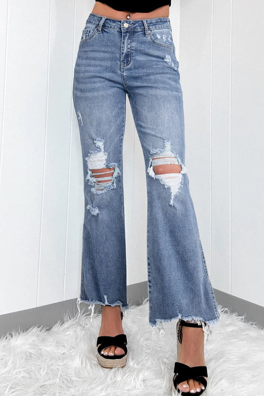 Dusk Blue High Rise Ripped Distressed Hem Flared Jeans - Chic Meadow Boutique 