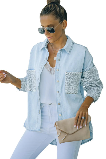 Sky Blue Contrast Leopard Denim Jacket - Chic Meadow Boutique 