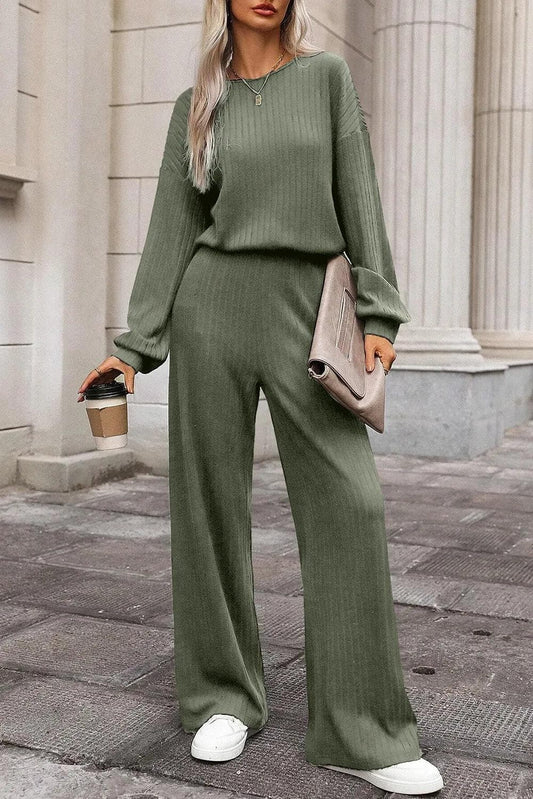 Bottoms/Jumpsuits & Rompers Laurel Green / S / 85%Polyester+10%Viscose+5%Elastane Laurel Green Solid Ribbed Knit Keyhole Back High Waist Jumpsuit