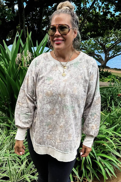 Khaki Camouflage Print Round Neck Long Sleeve Shift Plus Size Sweatshirt