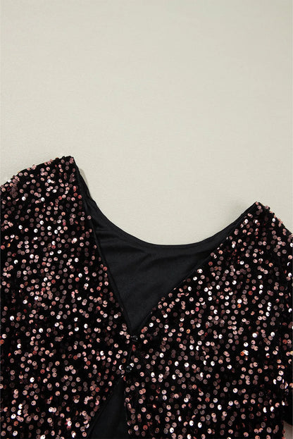 Chicory Coffee Sequin Long Sleeve Cutout Back Top - Chic Meadow Boutique 