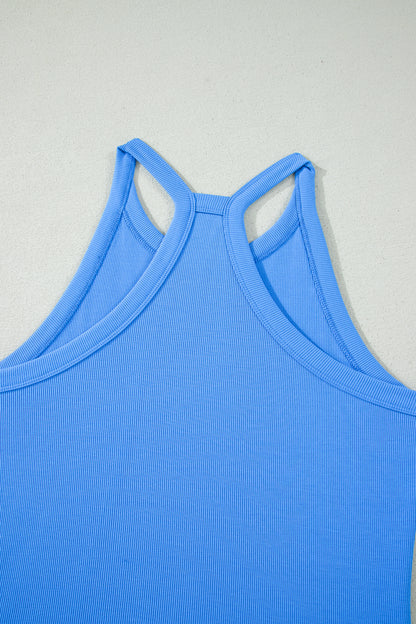 Sky Blue Slim Tank Top Elastic High Waist Shorts 2pcs Outfit