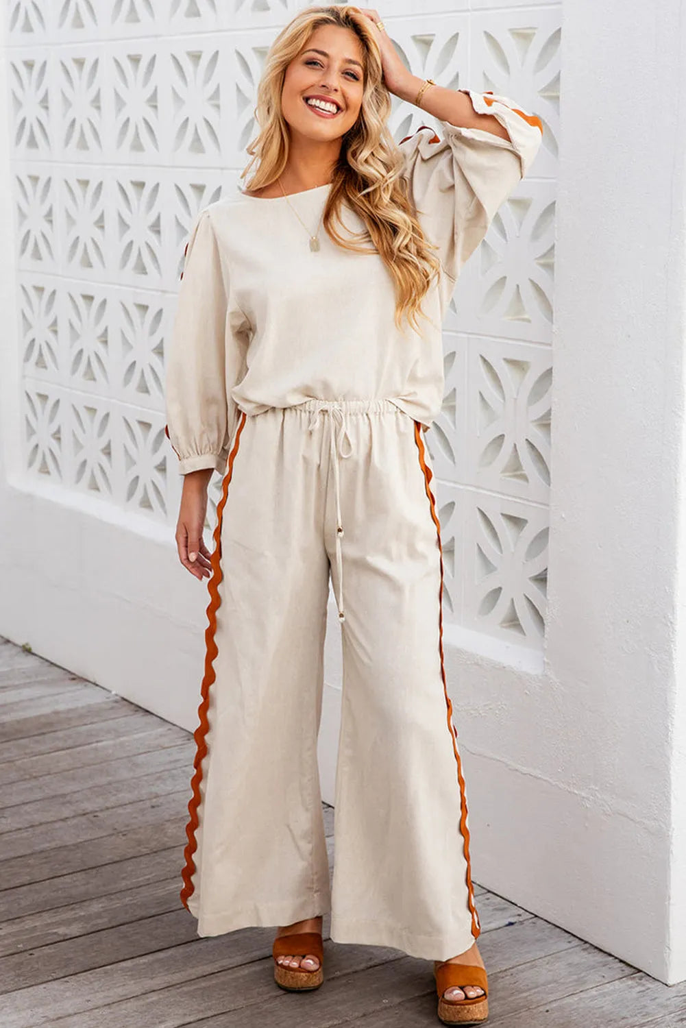 White Colorblock Ric Rac Trim Sleeve Top and Wide Leg Pants Set - Chic Meadow Boutique 