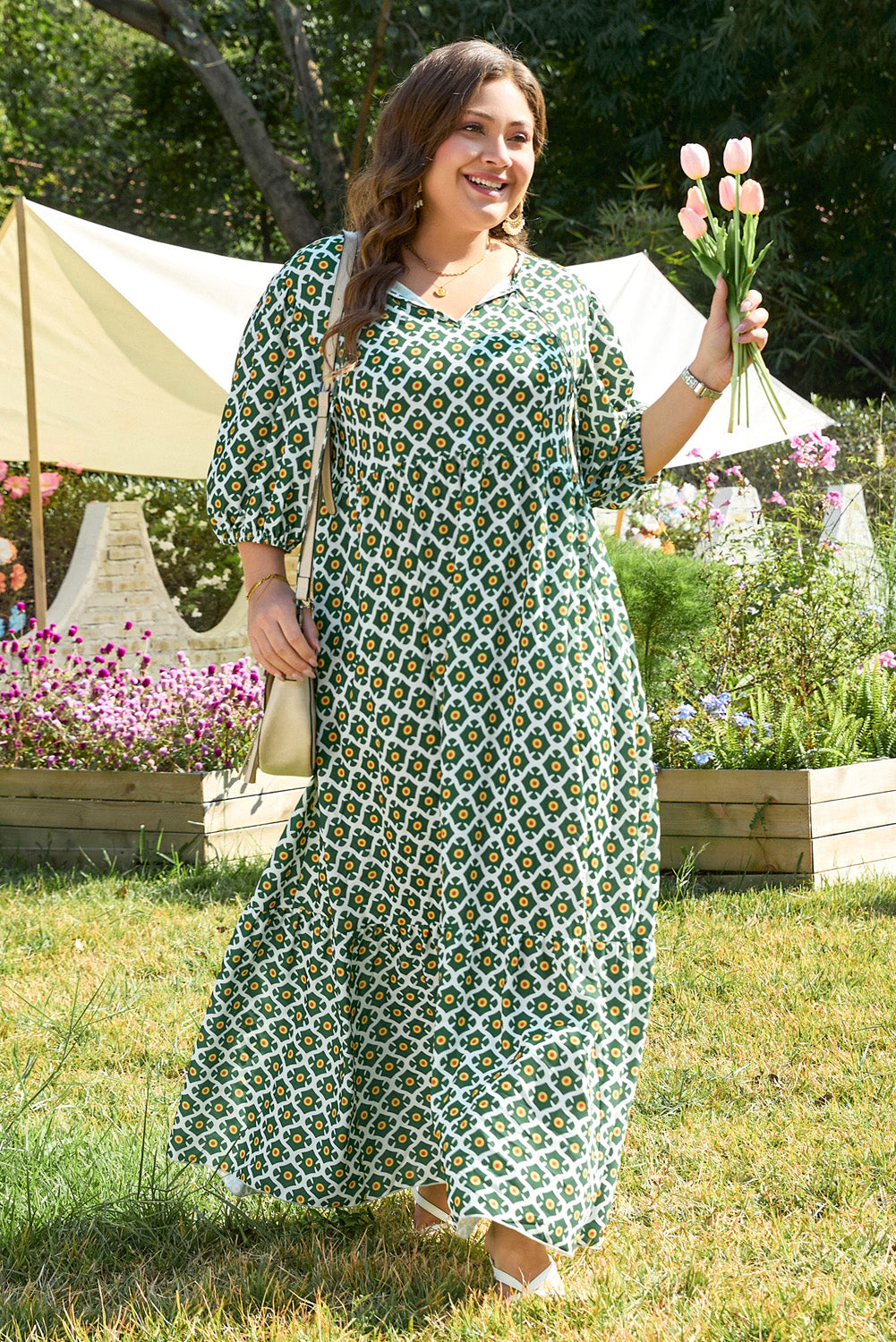 Green Geometric Floral Print Half Sleeve Plus Size Maxi Dress