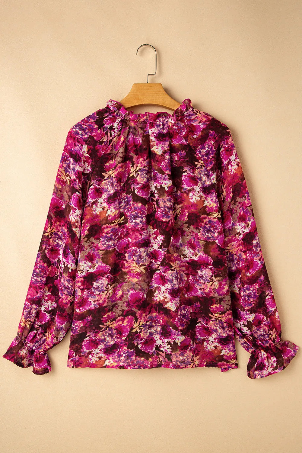 Rose Red Floral Allover Print Drawstring Ruffled V Neck Loose Blouse - Chic Meadow Boutique 