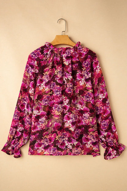 Rose Red Floral Allover Print Drawstring Ruffled V Neck Loose Blouse - Chic Meadow Boutique 