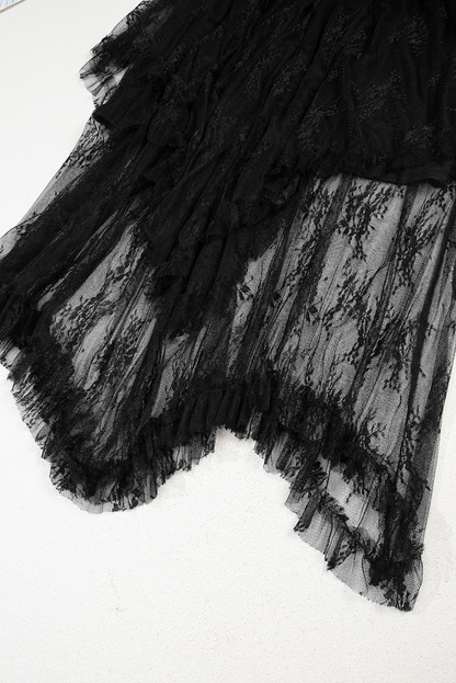 Black Lace Cascading Tiered High Waist Maxi Skirt