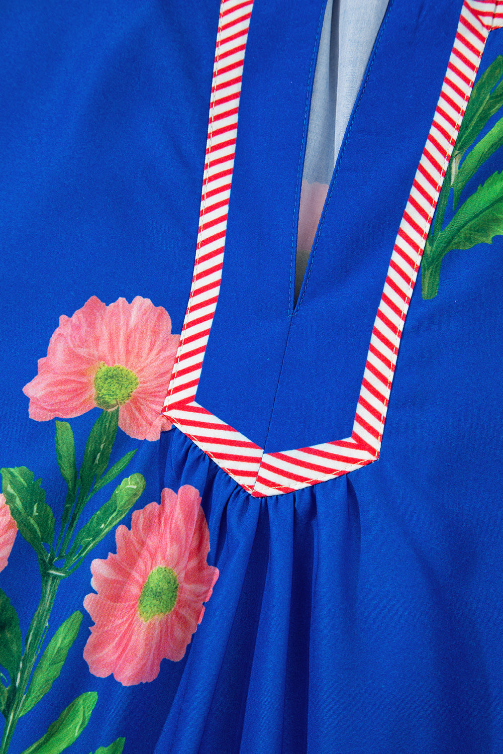 Blue Floral Short Sleeve Split Neck Loose Mini Dress