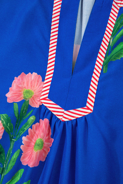 Blue Floral Short Sleeve Split Neck Loose Mini Dress