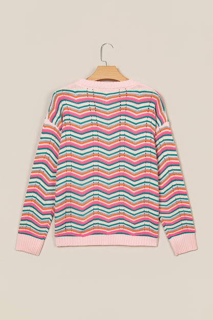 Multicolour Casual Chevron Striped Drop Shoulder Sweater