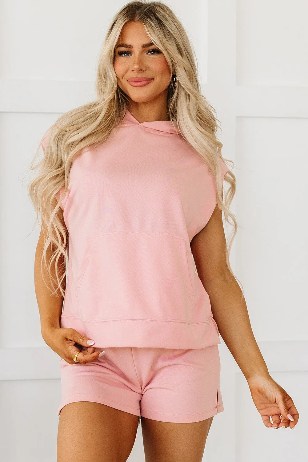 Two Piece Sets/Short Sets Light Pink Solid Color Sleeveless Hoodie and Shorts Set