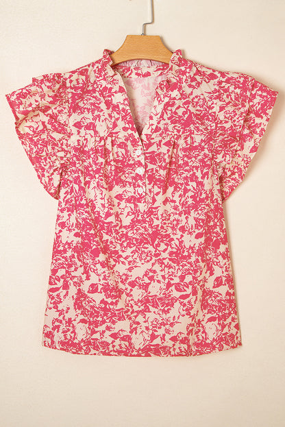 Rose Allover Printed Half Button Neck Ruffle Sleeve Blouse