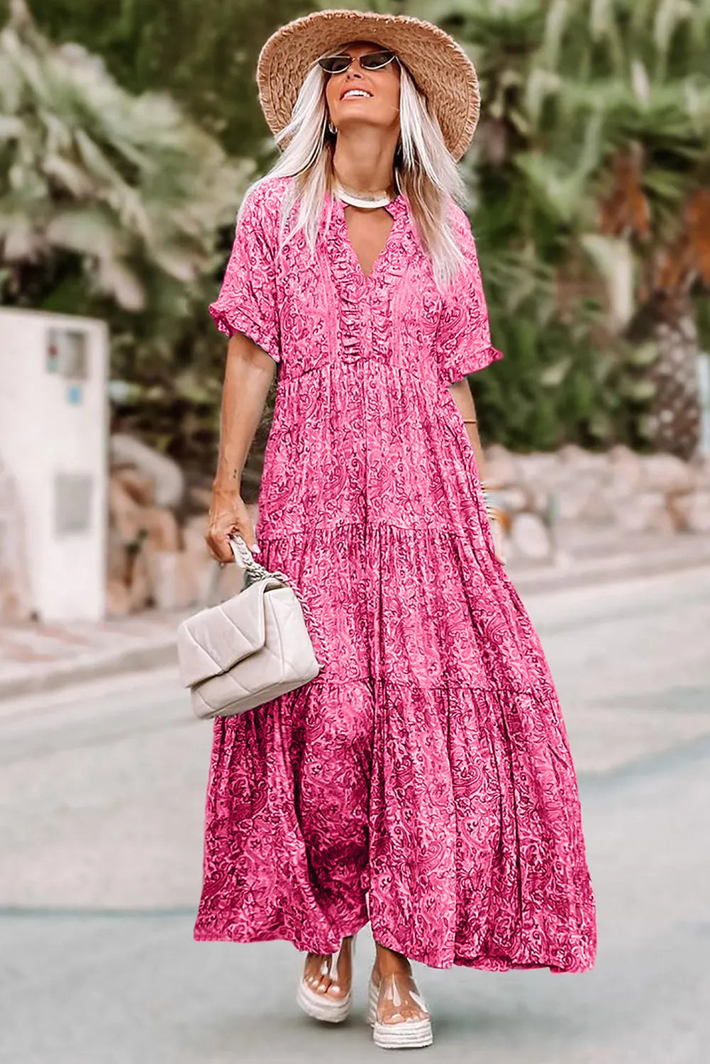 Pink Paisley Print Boho Holiday Ruffle Tiered Maxi Dress - Chic Meadow Boutique 