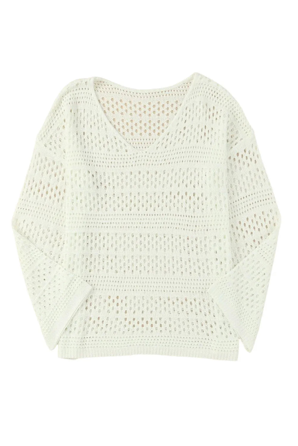 White Hollow Out Crochet V Neck Pullover Sweater - Chic Meadow Boutique 