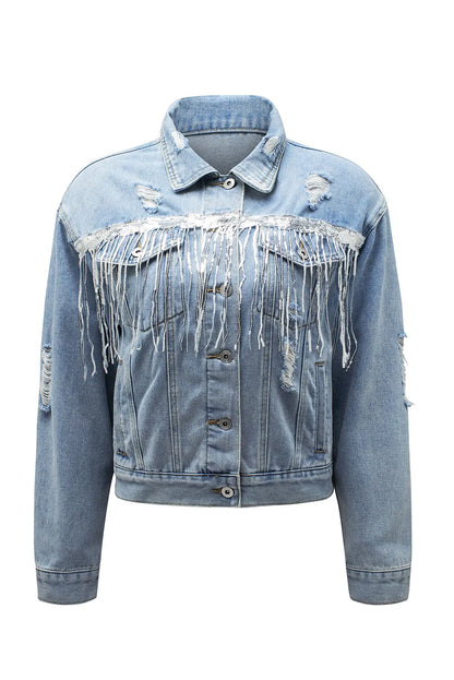 Sky Blue Sequin Embellished Fringe Distressed Denim Jacket - Chic Meadow Boutique 