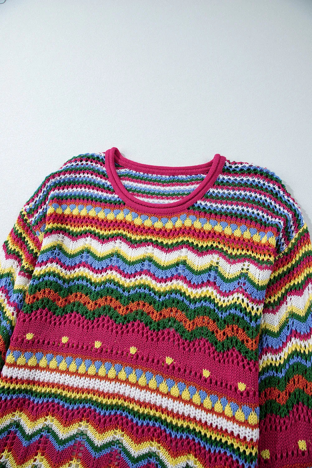 Rose Red Colorblock Striped Hollowed Knit Loose Sleeve Sweater - Chic Meadow Boutique 