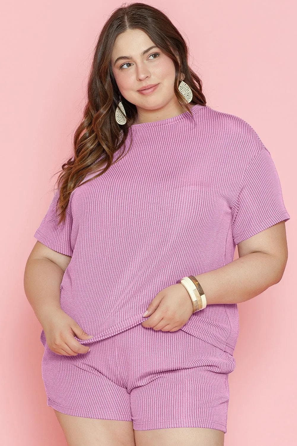 Plus Size/Plus Size Loungewear Phalaenopsis Ribbed Knit T Shirt and Shorts Plus Size Lounge Set