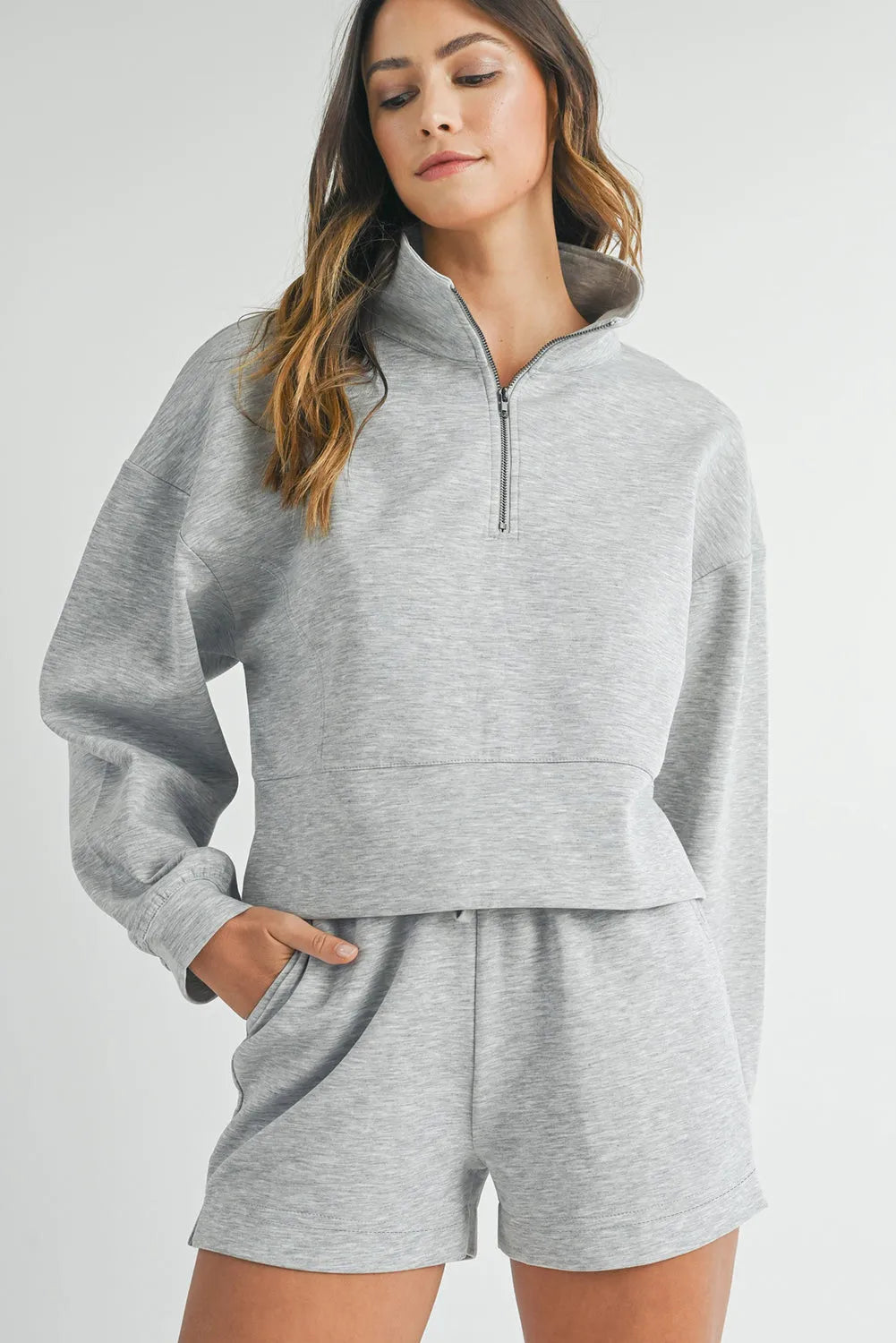 Light Grey Stand Neck Zipped Sweatshirt and Shorts Set - Chic Meadow Boutique 