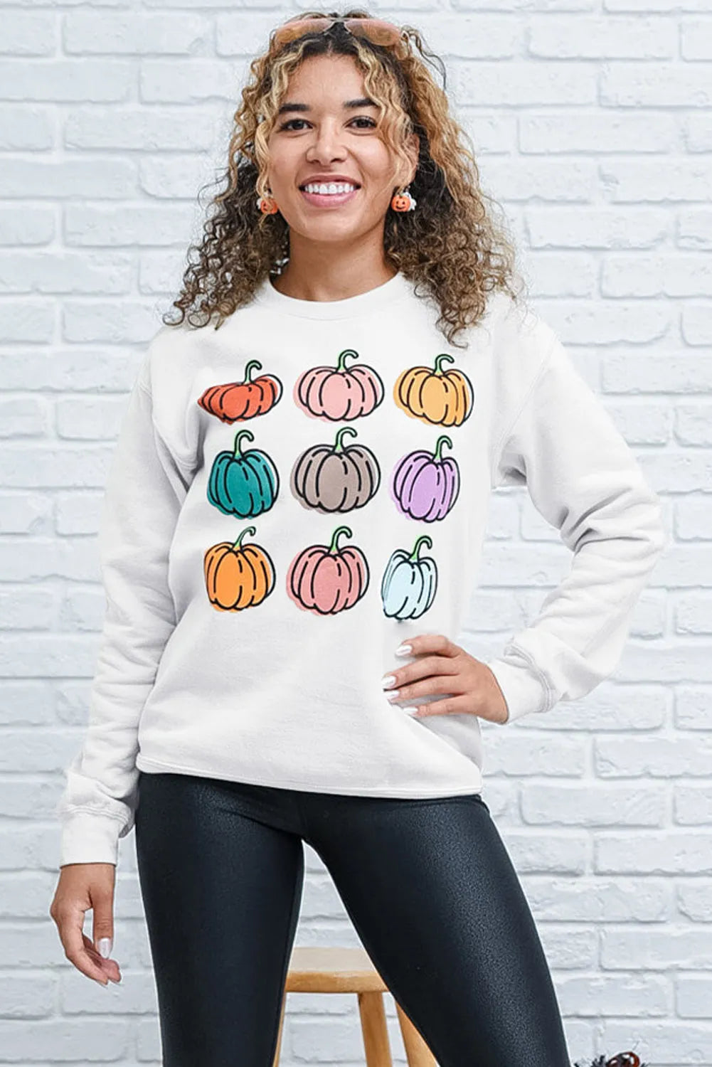 Beige Vibrant Pumpkins Print Crew Neck Halloween Sweatshirt - Chic Meadow Boutique 