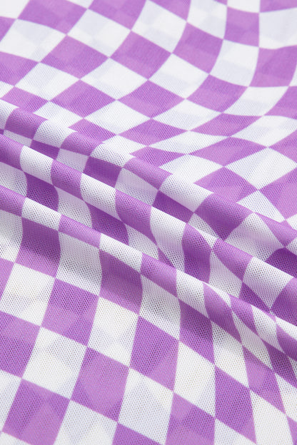 Purple Checkered Print Mock Neck Mesh T Shirt