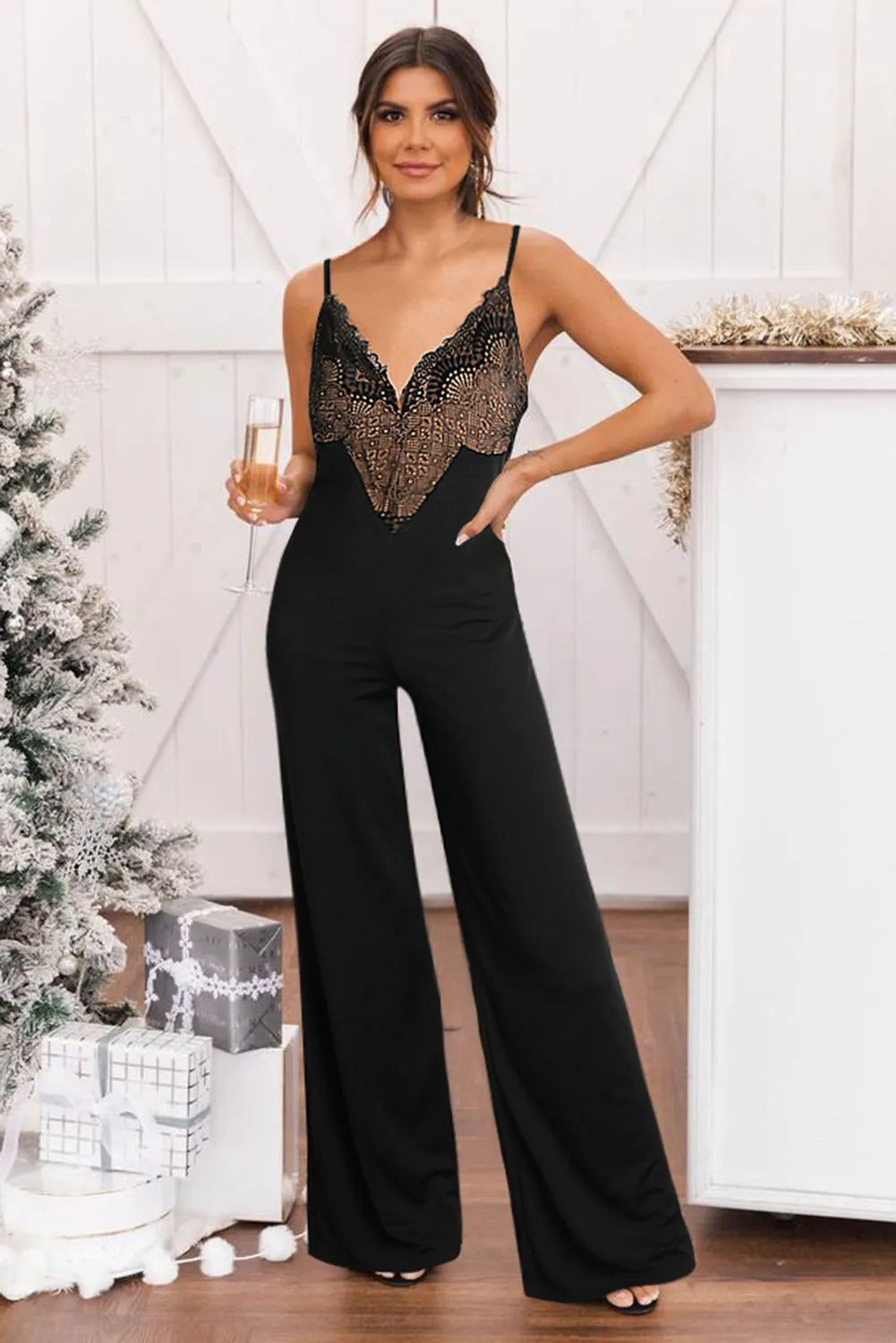 Black Lace V Neck Bodice Spaghetti Straps Wide Leg Jumpsuit - Chic Meadow Boutique 