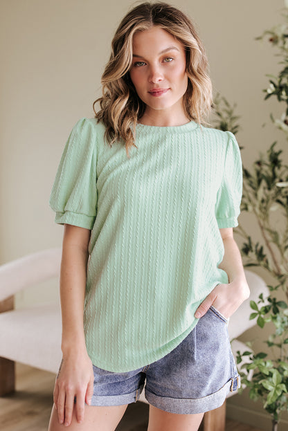 Mist Green Textured Round Neck Short Puff Sleeve Top