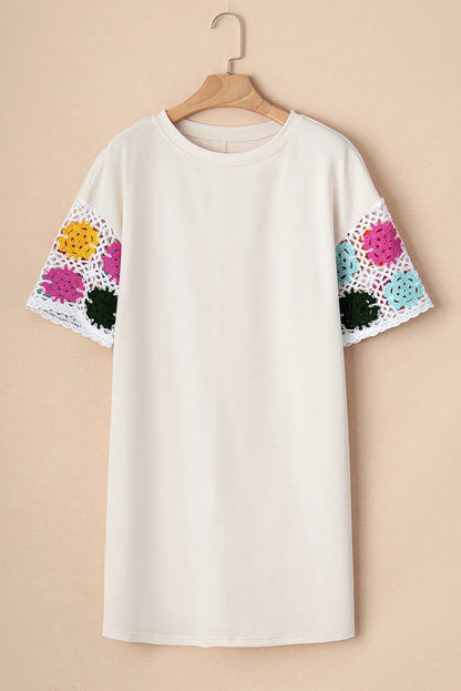 White Floral Crochet Splicing Sleeve T Shirt Dress - Chic Meadow Boutique 