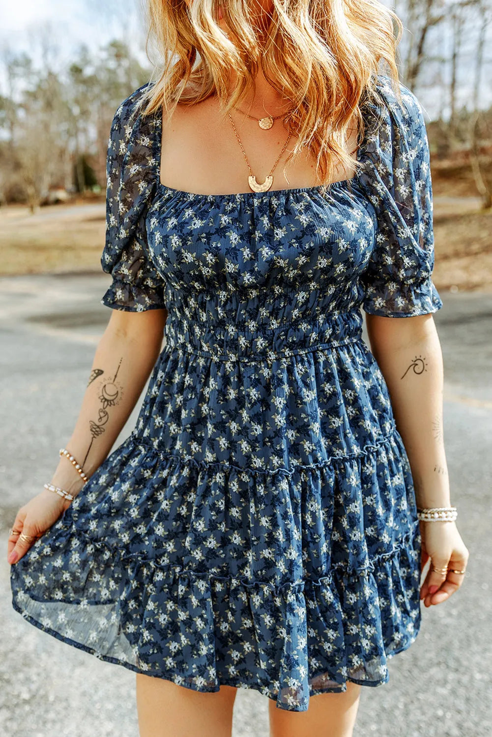 Sail Blue Floral Smocked Tiered Ruffle Short Dress - Chic Meadow Boutique 