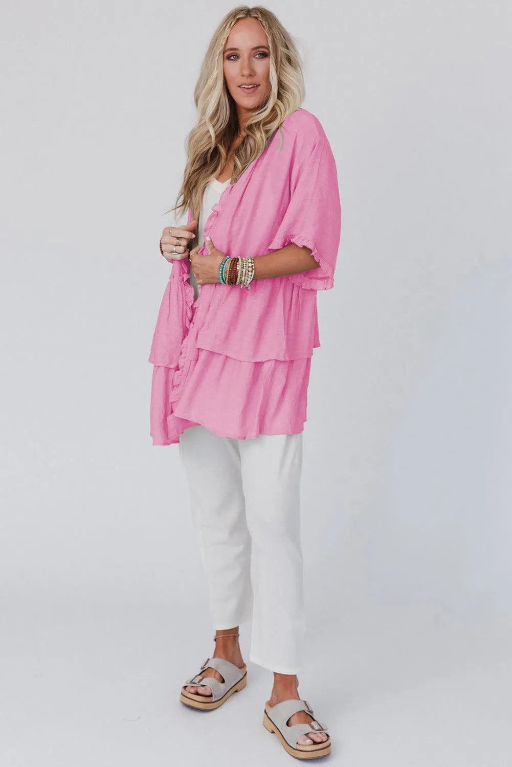 Pink Ruffled Trim Half Sleeve Open Front Kimono - Chic Meadow Boutique 