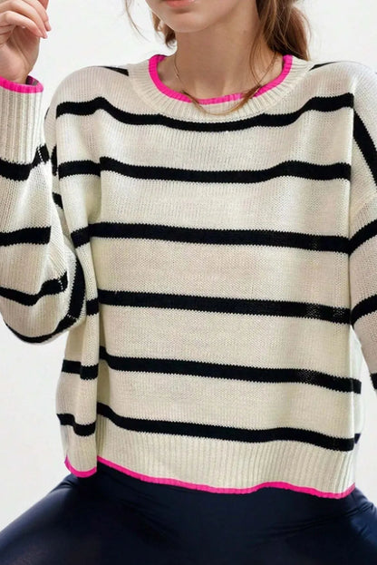 White Stripe Color Contrast Drop Shoulder Crew Neck Sweater - Chic Meadow Boutique 