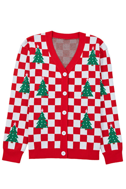 Red Checkered Christmas Tree Pattern Button V Neck Cardigan Sweater