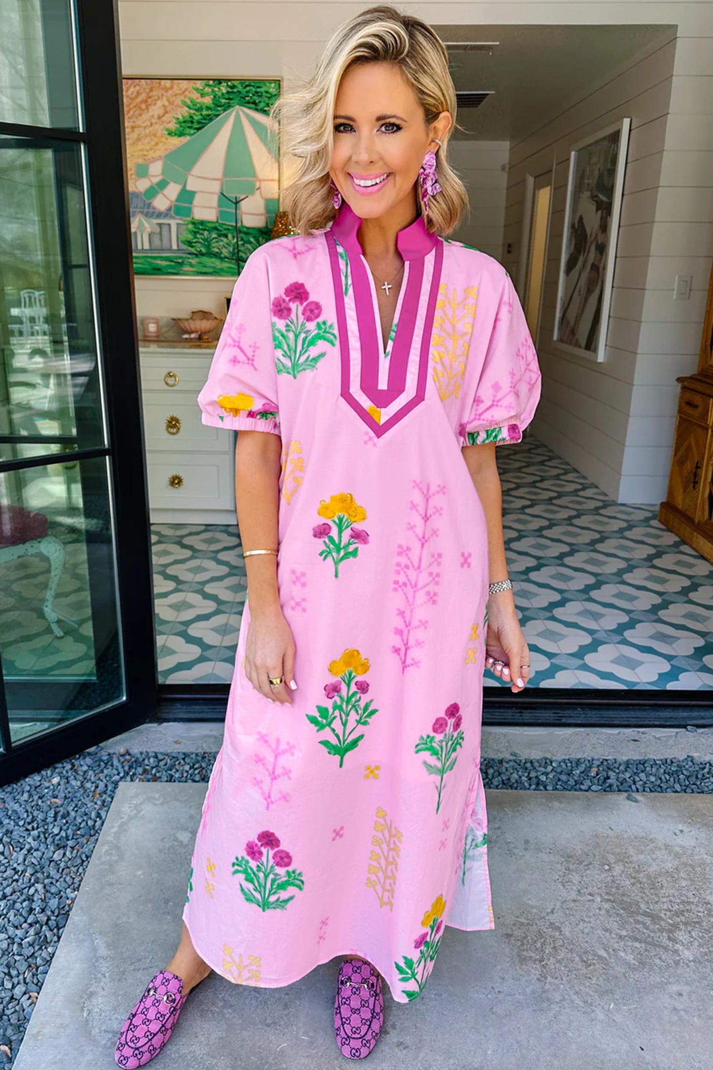 Pink Floral Print Short Sleeve Colorblcok Trim V Neck Midi Dress