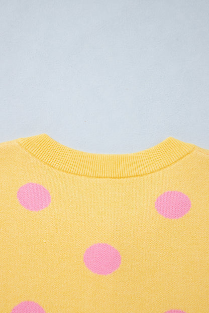 Yellow Cream Casual Polka Dot Button Front Long Sleeve Sweater Cardigan