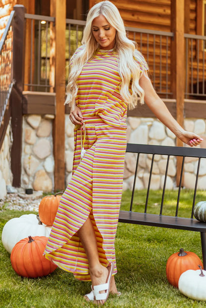 Yellow Stripe Rainbow Tee Tasseled String Wide Leg Pants Set - Chic Meadow Boutique 