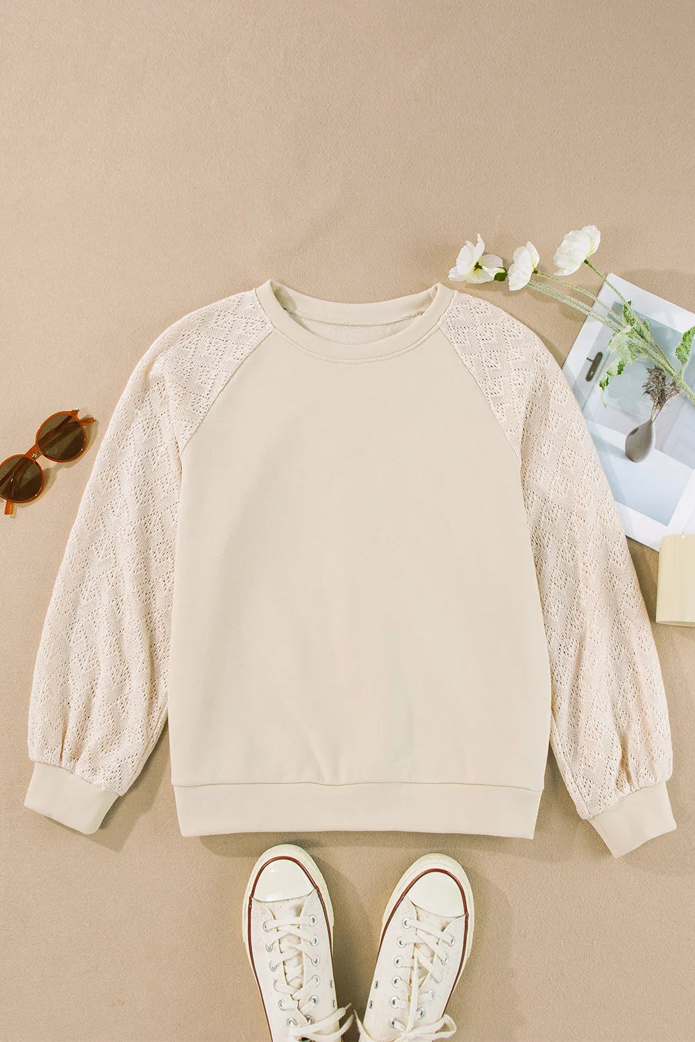 Parchment Eyelet Knit Patchwork Raglan Sleeve Pullover Top - Chic Meadow Boutique 