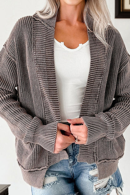 Dark Brown Mineral Wash Exposed Seam Patchwork Knit Open Sweater Cardigan