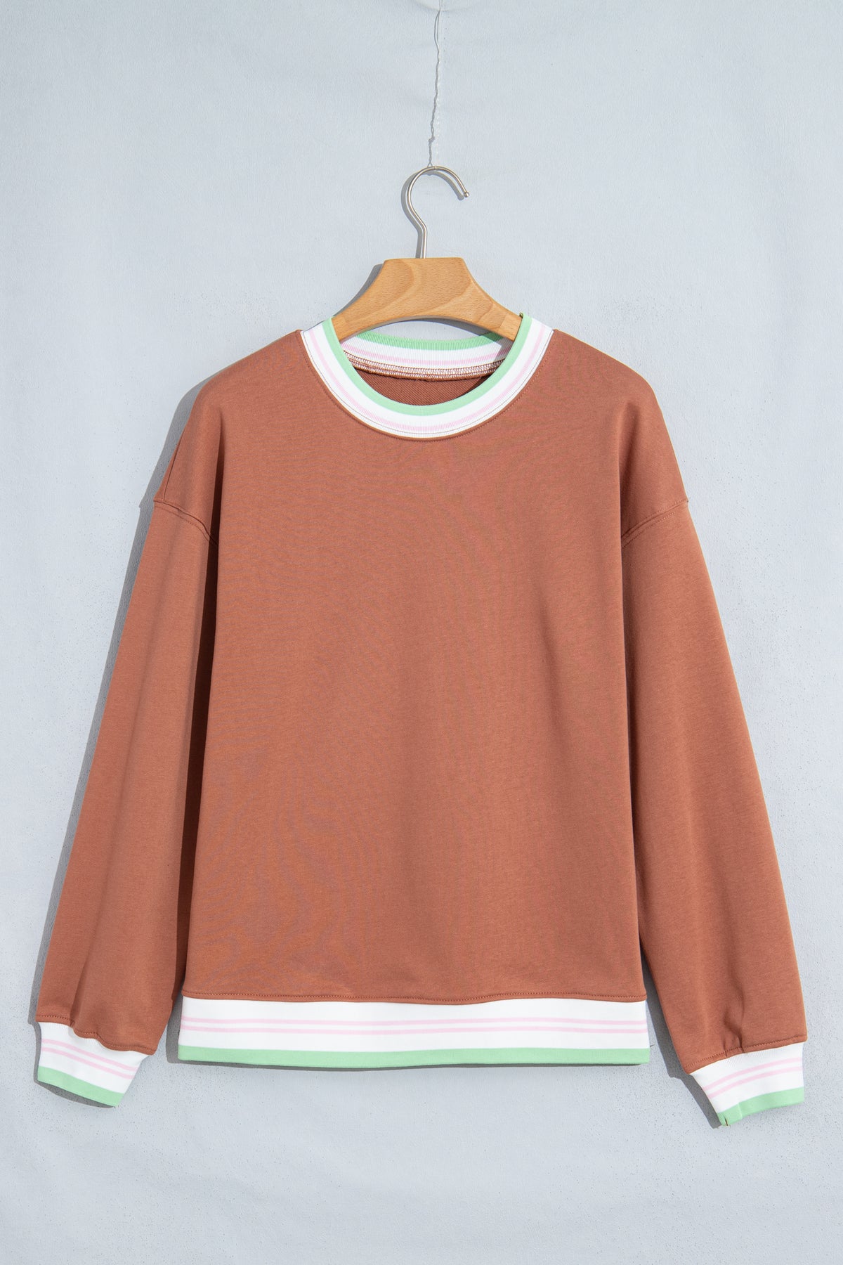 Straw Yellow Contrast Striped Trim Baggy Pullover Sweatshirt