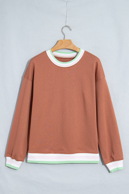 Straw Yellow Contrast Striped Trim Baggy Pullover Sweatshirt