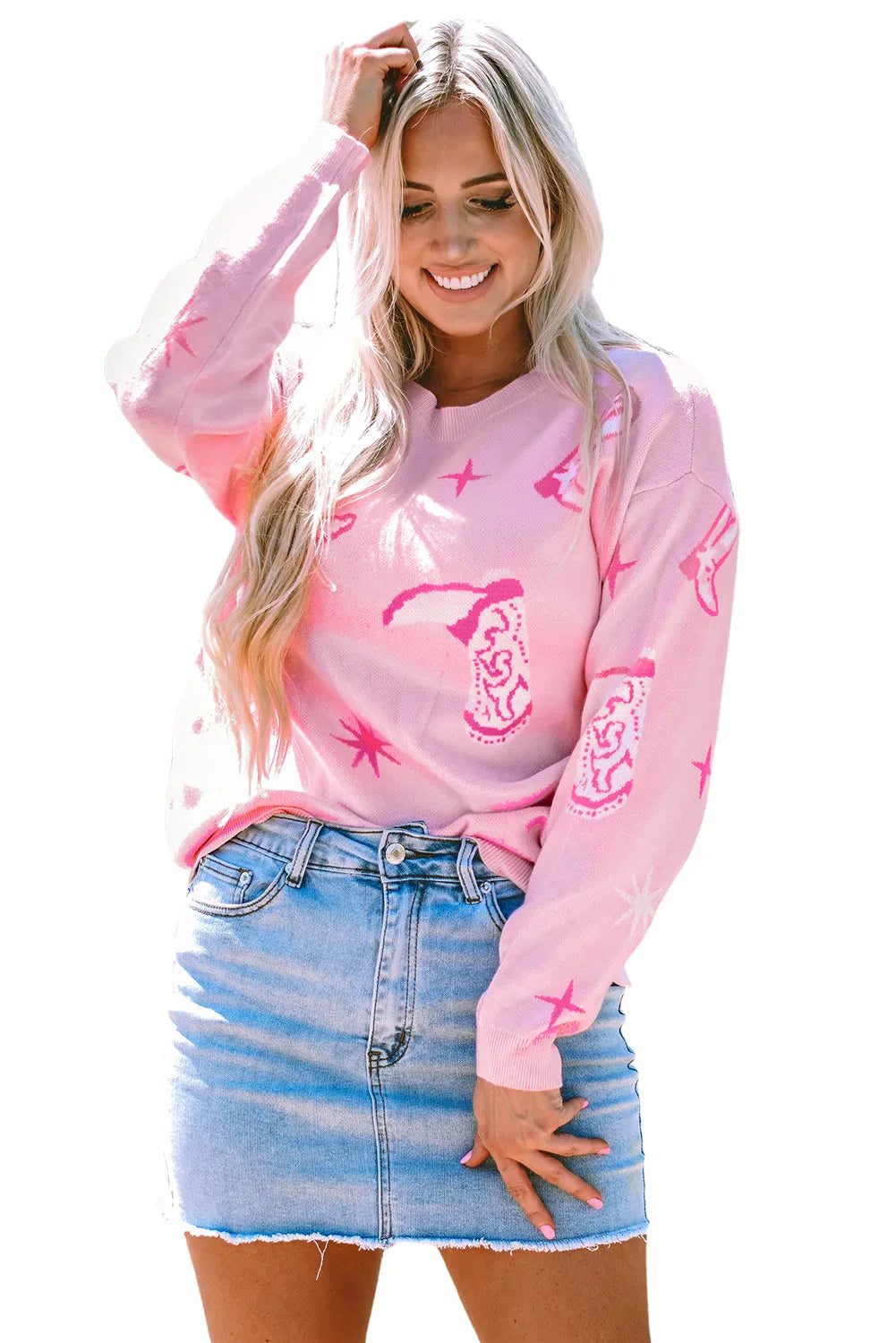 Pink Western Cowboy Boot Sweater - Chic Meadow Boutique 