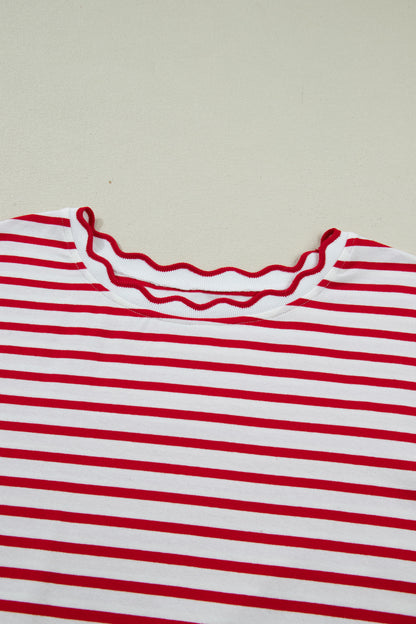 Red Stripe Plus Size Scalloped Trim Round Neck Short Sleeve Top