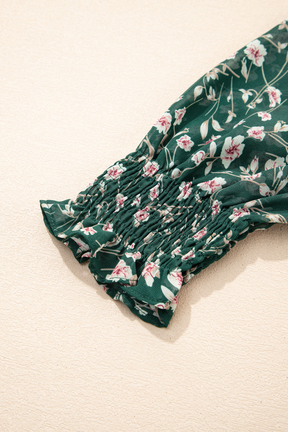 Green Smocked Square Neck Puff Short Sleeve Floral Dress