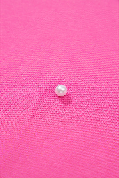 Bright Pink Pearl Beaded Drop Shoulder Crewneck T Shirt