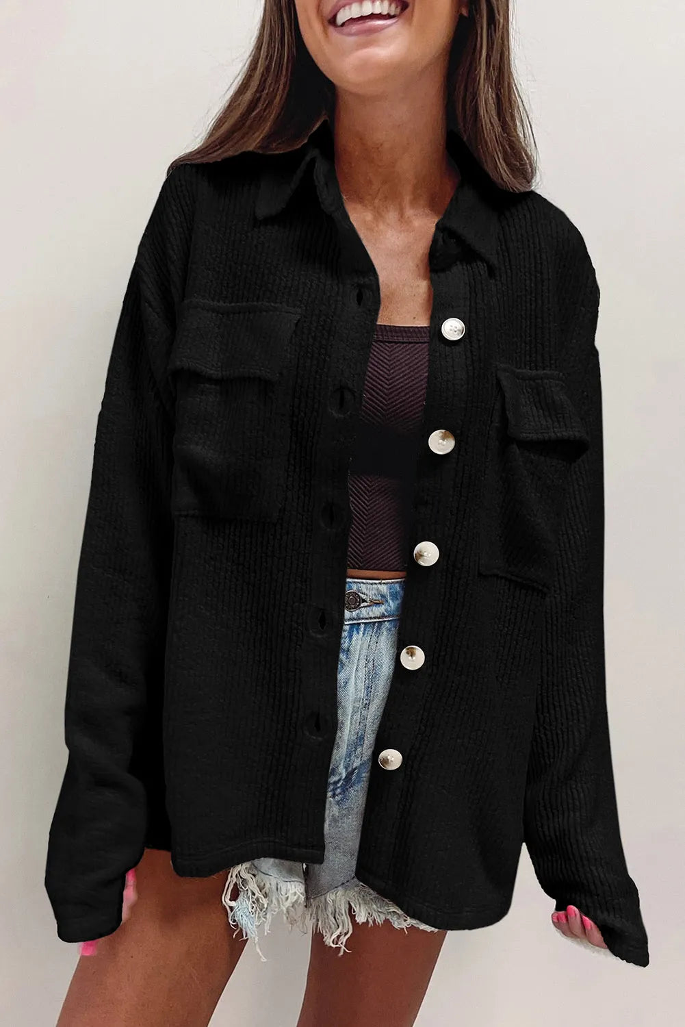 Black Solid Color Corduroy Buttoned Long Sleeve Shacket - Chic Meadow Boutique 