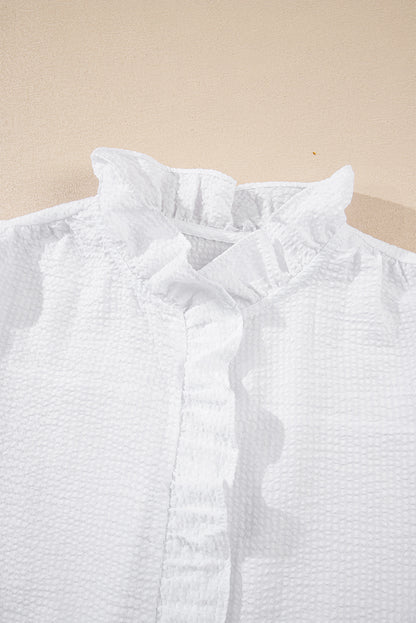 White Striped Ruffle Short Bubble Sleeve Shirt